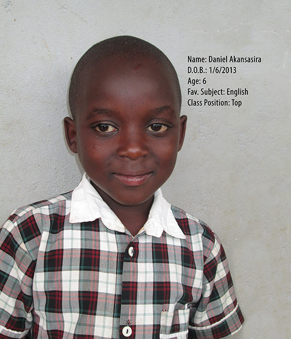 AKANSASIRA DANIEL. DOB. 1.6.2013. AGE. 6YRS. FS. ENGLISH. CLASS. TOP AKANSASIRA DANIEL. DOB. 1.6.2013. AGE. 6YRS. FS. ENGLISH. CLASS. TOP